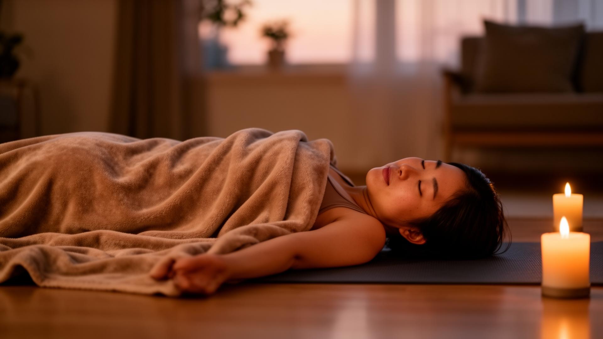 Yoga nidra at home — woman resting on a mat