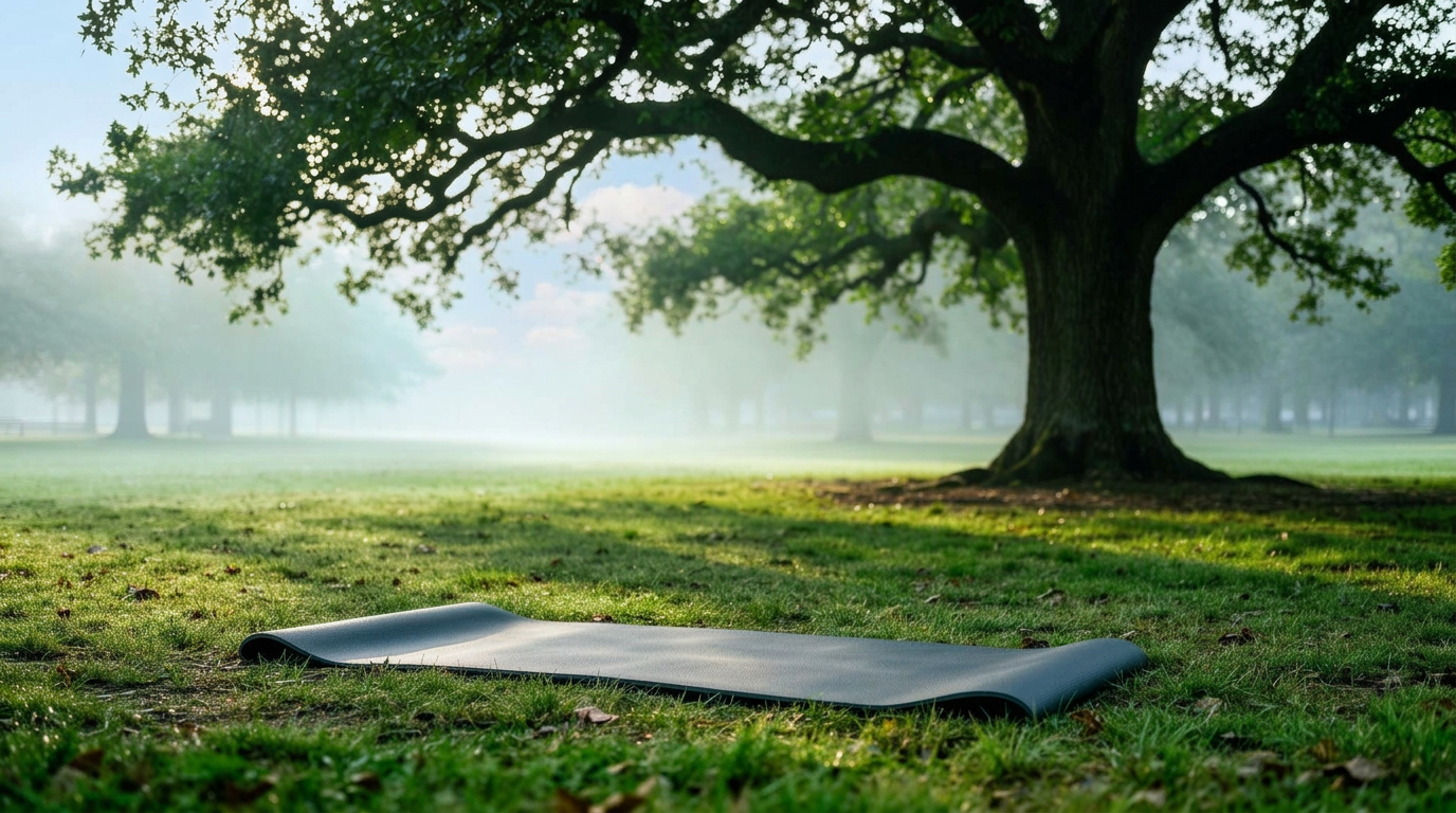 Yoga mat under an oak tree at sunrise in Pelham Bay Park